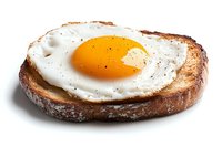Sunny side up fried egg on toasted bread slice with crispy edges and black pepper seasoning, isolated on white background for food service and menu design.