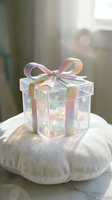 Transparent gift box with iridescent rainbow ribbon bow on soft white pillow creates magical holiday present concept with dreamy bokeh lighting effects.