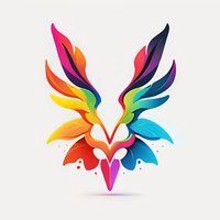 Vibrant multicolored abstract wings with heart shape center in rainbow gradient colors on light background, modern logo design element for creative projects.