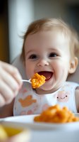 Happy Caucasian baby with blonde hair wearing bib eagerly opens mouth for spoonful of orange pureed food during mealtime, showing joy and excitement while eating.