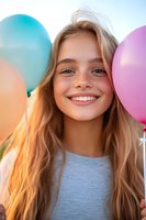Young blonde woman with freckles smiling brightly while holding colorful party balloons on sunny day, expressing genuine joy and happiness in casual summer setting.