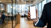 Businessman in dark suit holding smartphone with blank white screen in modern office environment with blurred background, suitable for app promotion and business technology concepts.
