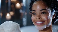 Young African American woman with natural curly hair smiling while covered in soap bubbles during skincare routine, glowing skin and bright white teeth against bokeh lights.