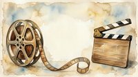 Vintage film reel with unspooled strip and wooden clapperboard on aged paper background. Retro cinema production elements for movie, entertainment, and media design projects.