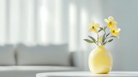 Yellow daffodils in pastel vase on white table against soft window light and shadows. Minimalist spring home decor with blurred living room background.
