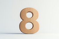 Wooden number eight on white background, minimalist design with natural wood grain texture and soft shadow. Isolated decorative numeral for creative projects.