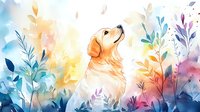 Watercolor golden retriever dog looking up surrounded by colorful floral elements and leaves in soft pastel tones against abstract nature background.