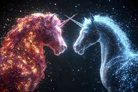 Magical unicorns made of fire and ice face each other in cosmic space, creating mystical energy between their horns amid sparkling stars and nebula effects.