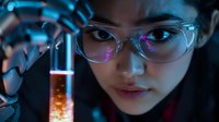 Young Asian female scientist in protective glasses examining glowing test tube with experimental liquid in dark laboratory with blue lighting effects.