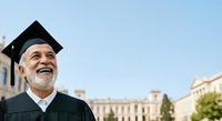 Senior male graduate wearing academic regalia and mortarboard cap smiling outdoors on university campus grounds, celebrating educational achievement and graduation ceremony.