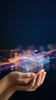 Hands holding glowing neon holographic cityscape with digital buildings and light trails against dark background. Urban technology concept.