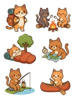 Cute cartoon cats enjoying outdoor camping activities with backpack, campfire, tent, fishing, map, and canoe on white background, isolated clipart for children's designs, stickers, and merchandise.