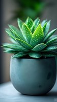Spotted aloe succulent plant in modern gray ceramic pot against blurred background. Close-up view highlights distinctive leaf patterns and natural texture.