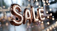 Rose gold foil balloon letters spelling SALE against blurred bokeh lights background, creating festive shopping atmosphere for retail promotions and discounts.