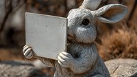 Gray rabbit figurine holding blank wooden sign in garden setting, perfect for Easter decorations or seasonal messaging.