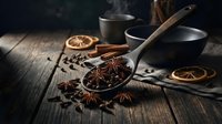 Aromatic star anise spices in wooden spoon with cinnamon sticks and dried orange slices on rustic wooden table for cooking and baking recipes.