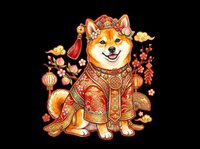 Shiba Inu dog wearing traditional red and gold Chinese New Year outfit with lanterns and festive decorations, isolated on transparent background for t-shirts, stickers, and print-on-demand designs.