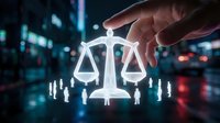 Hand touching glowing justice scales icon with silhouettes against blurred city lights background for legal technology and law firm concepts.