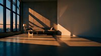 Modern minimalist interior with wooden flooring, floor-to-ceiling windows casting geometric shadows, and contemporary furniture bathed in warm golden sunlight for architectural and design projects.