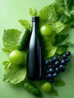 Fresh green and purple ingredients for detox drink with black bottle, grape, cucumber and mint leaves on green background. Healthy lifestyle concept.