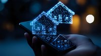 Glowing blue holographic houses floating above hands in dark environment with bokeh lights, representing digital real estate and smart home technology concept.