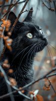 Mystical close-up portrait of black cat with yellow eyes among autumn branches, perfect for Halloween designs, pet photography, and seasonal greeting cards.