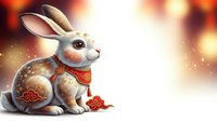 White rabbit with ornate red collar sits gracefully against warm golden bokeh background with sparkling lights for festive holiday celebrations.