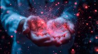 Magical glowing heart shape formed by cosmic dust and stars floating above cupped hands against dark background with ethereal red and blue lights.