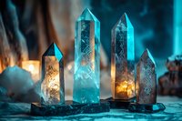 Glowing crystal obelisks with mystical runes carved on surface against dark background with magical orange and blue lighting effects create ethereal atmosphere.