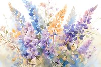 Delicate watercolor lupines in soft purple, blue, and peach tones create an ethereal floral composition with loose, flowing brushstrokes and gentle color transitions.