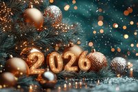 Festive composition with copper and silver baubles, glowing 2026 numbers and fir branches against dark background with bokeh lights and sparkles.