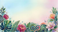 Colorful floral border with pink and orange blooms, green foliage, and decorative swirls on soft pastel gradient background. Isolated design element for invitations, cards, and creative projects.
