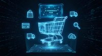 Digital shopping cart with glowing e-commerce icons on futuristic holographic display for online retail technology and digital marketplace concepts.