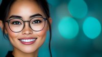 Young Asian woman wearing glasses smiling confidently against turquoise bokeh background. Professional portrait showcasing natural beauty and positive expression.