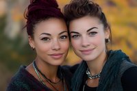 Close up portrait of two diverse young women friends smiling at camera, mixed race and caucasian females with natural makeup against autumn background.