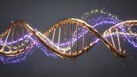 Golden DNA double helix structure with glowing purple energy particles and light effects on dark background for medical and scientific presentations.