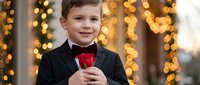 Young Caucasian boy in elegant black tuxedo with red bow tie holding heart, warm bokeh lights background for Valentine's Day celebrations and formal events.
