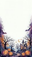 Halloween border frame with spooky haunted house, jack-o-lantern pumpkins, bare trees, bats and decorative swirls on light background for seasonal design.