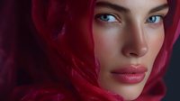 Young woman with bright blue eyes and red silk headscarf in dramatic lighting, looking intensely at camera against dark background. Artistic beauty portrait.