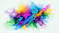 Digital brain with colorful watercolor splash and glowing arrows representing artificial intelligence, machine learning and technological growth concepts.