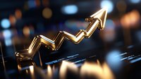Golden arrow graph trending upward on dark background with bokeh lights, representing financial growth and market success in business analytics.
