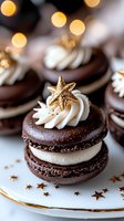 Chocolate macarons with vanilla cream filling, topped with white buttercream swirl and golden star decorations against festive bokeh lights background.