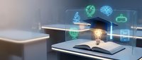 Modern library with holographic technology icons floating above open book on desk, representing digital learning and educational innovation in academic environment.