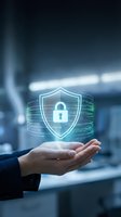 Digital security shield with padlock icon glowing in neon green and blue, held in open palm of businessperson wearing dark suit jacket in modern office environment. Represents data protection, cybersecurity, encryption, and secure network technology for corporate business use.
