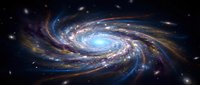 Spiral galaxy with glowing blue core and golden dust lanes rotating against dark space with distant stars, suitable for astronomy and science backgrounds.