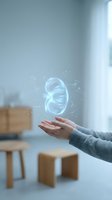 Holographic kidney organ floating above open hands in modern medical office setting for healthcare technology and nephrology concepts.