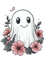Cute cartoon ghost surrounded by pink flowers and gray leaves on white background, smiling friendly character with butterfly. Isolated illustration for stickers and prints.