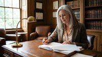 Mature woman with long gray hair and fair complexion, wearing professional gray blazer, writing at wooden desk in traditional library office with leather chairs and bookshelves, suitable for legal, business, and professional services.
