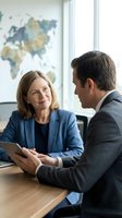 Professional business meeting between mature Caucasian businesswoman and male colleague discussing strategy in modern office with world map background.