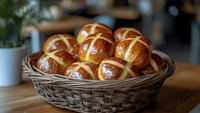 Fresh homemade hot cross buns with glossy golden crust arranged in rustic wicker basket on wooden table, traditional Easter holiday baking.